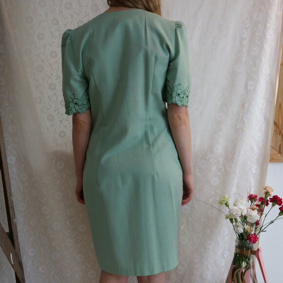 Vintage 1980s Mint Sage Green Linen Dress Button Front Retro 80s Thrift Dresses - Picture 5 of 12